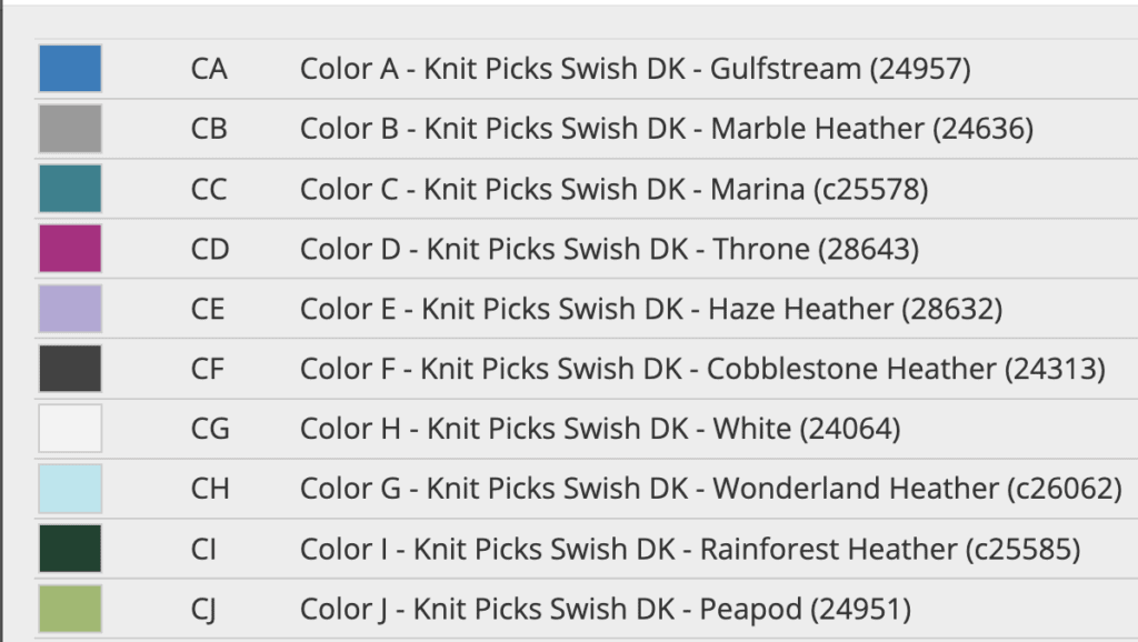 A chart displays ten colored squares labeled CA to CJ, each representing a different Knit Picks Swish DK yarn color—perfect for Knitters and Crocheters taking part in the Prism Make-Along or exploring Mystery Colorwork with shades like Gulfstream and Peapod. -Marly Bird